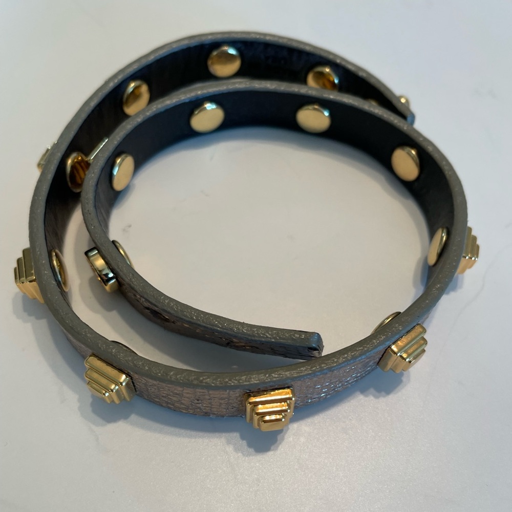 Tory Burch Pewter Leather Gold Tone Studded 15.5" Long Wrap Bracelet with Logo - Picture 2 of 7